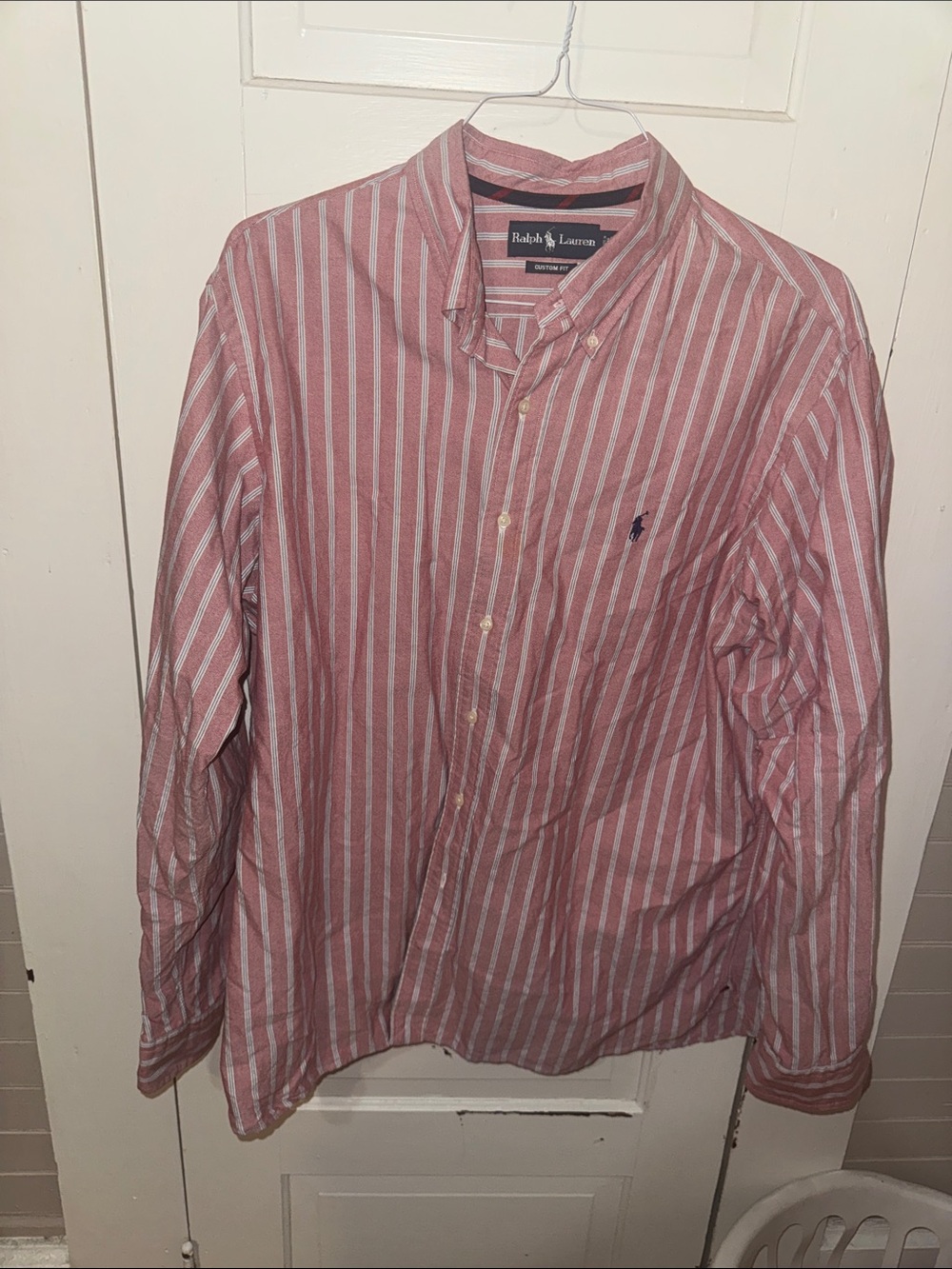 Ralph Lauren Men’s Pink and White Blue XXL Striped Button-Down Shirt Y2K